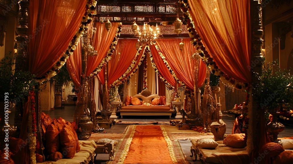 Fototapeta premium A traditional Indian wedding setting adorned with silk decorations
