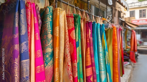 A vibrant display of colorful silk sarees hanging in an Indian market