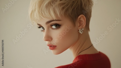 Striking Blond Woman with Captivating Blue Eyes Posing in Elegant Studio Portrait