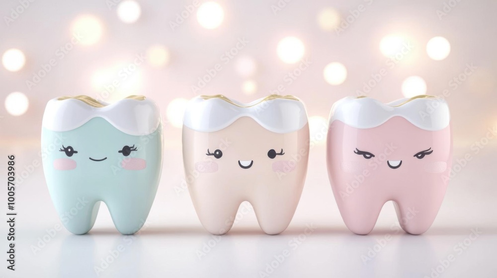 Obraz premium Cute and charming tooth characters in pastel colors, perfect for dental themes and children's healthcare.