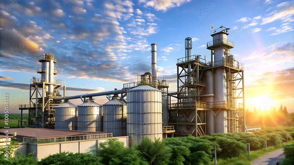 Industrial facility at sunset surrounded by greenery Industrial facility at sunset surrounded by greenery