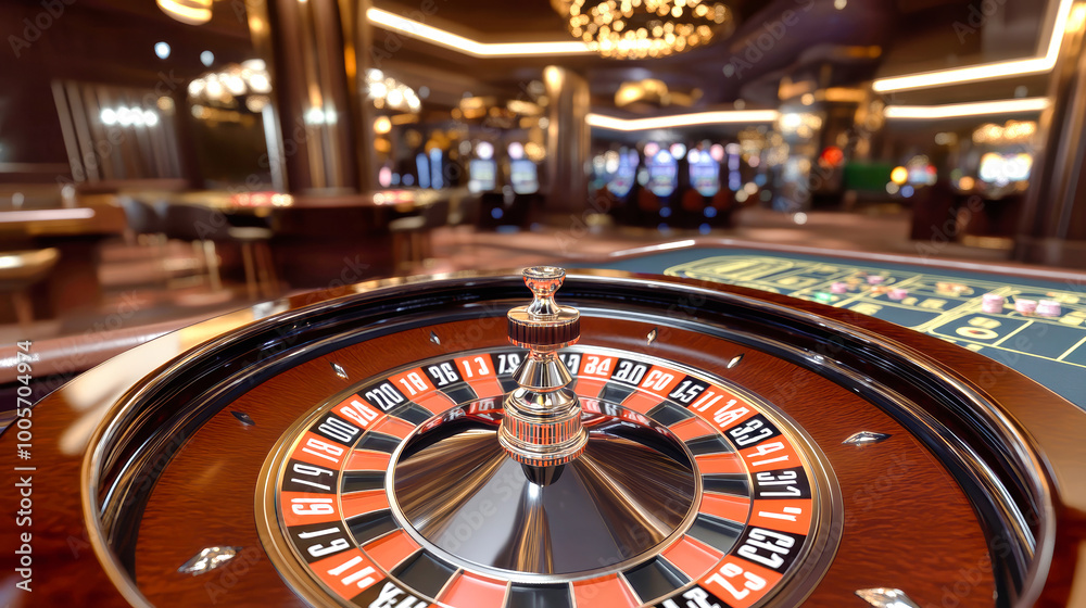 A close-up view of a roulette wheel in a luxurious casino setting with vibrant black and red numbers, capturing the excitement of gambling A close-up view of a roulette wheel in a luxurious casino setting with vibrant black and red numbers, capturing the excitement of gambling