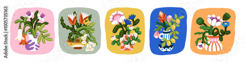 Flowers in vases set. Blossoms, fancy floral bouquets. Creative botanical natural compositions. Fantasy blooms, garden plants in pots. Modern flat vector illustration isolated on white background