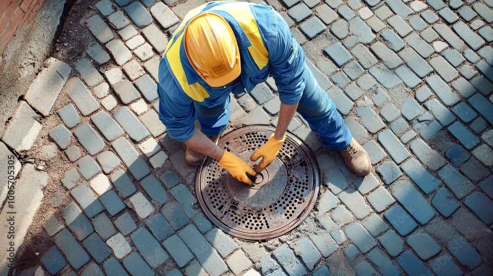 Street maintenance worker in blue overalls and yellow vest opens a manhole cover on a cobblestone sidewalk with specialized tools Street maintenance worker in blue overalls and yellow vest opens a manhole cover on a cobblestone sidewalk with specialized tools