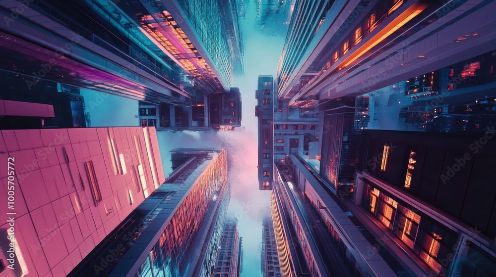 Obraz premium Futuristic Cityscape with Skyscrapers Illuminated by Neon Lights and Misty Atmosphere at Dusk