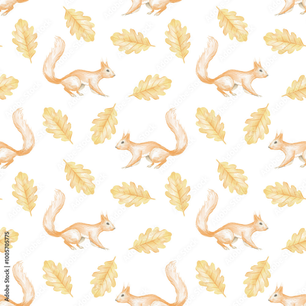 Cute red squirrels with oak leaves. Seamless watercolor pattern on white background for textile and wrapping paper. Cute autumn illustration Cute red squirrels with oak leaves. Seamless watercolor pattern on white background for textile and wrapping paper. Cute autumn illustration