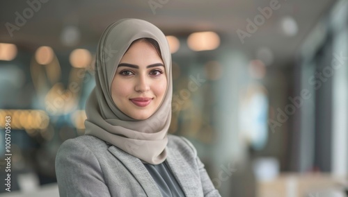 Beautiful muslim woman isolated against a city background business woman smiling in front of an office buildings. Young woman wearing a hijab. Middle eastern