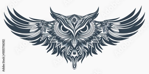 Owl head with tribal designs in a drawing book style.