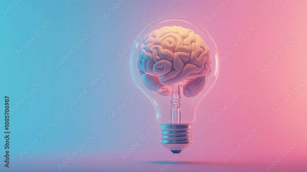 Futuristic concept of a human brain encased in a glowing light bulb, floating in a simple, clean background. No people, no logos, minimal design. Futuristic concept of a human brain encased in a glowing light bulb, floating in a simple, clean background. No people, no logos, minimal design.