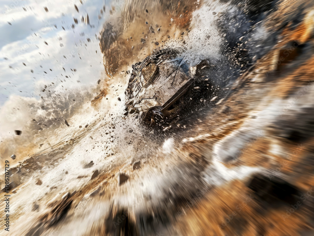 A car is driving through a pile of rocks and debris. The car is going ...