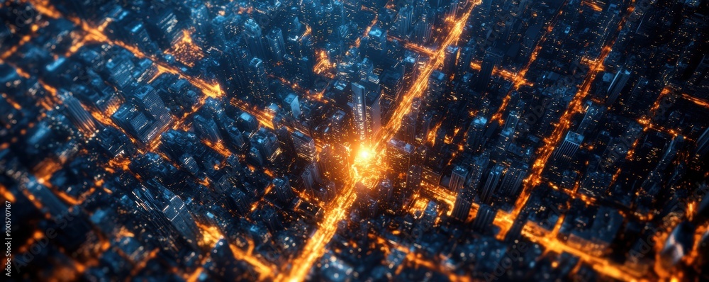 A vibrant aerial view of a cityscape at night, showcasing illuminated streets and a bright explosion of light at the center. A vibrant aerial view of a cityscape at night, showcasing illuminated streets and a bright explosion of light at the center.