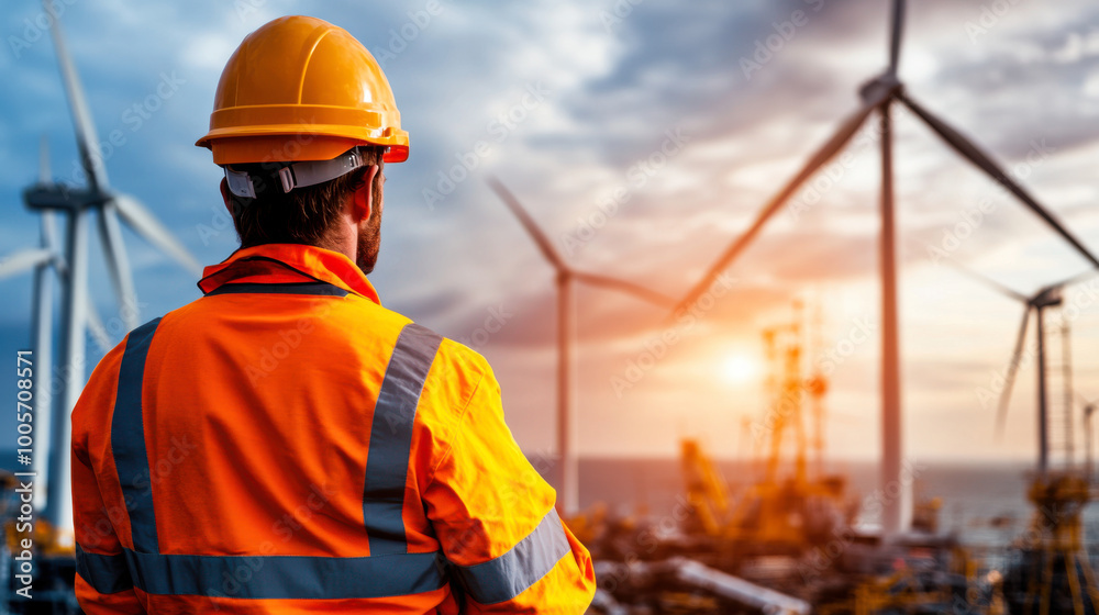 Worker observing wind turbines at sunset. Worker observing wind turbines at sunset.
