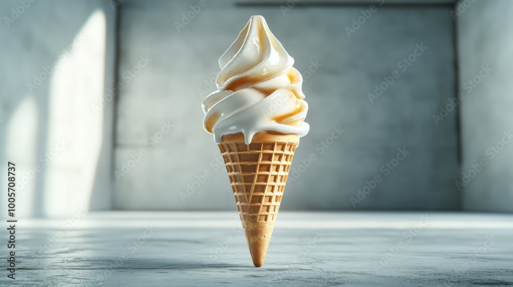 Vanilla soft serve ice cream in waffle cone on concrete background