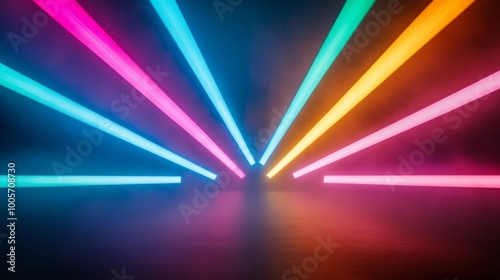 Colorful beams of light radiate from a central point, creating a vibrant, dynamic atmosphere filled with energy and movement.
