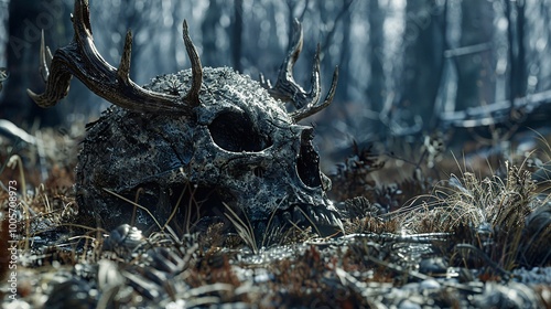 Deer Skull in a Winter Forest: A Dark and Mystical Scene