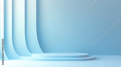 A serene, minimalist blue scene featuring smooth, curved shapes and a platform, ideal for presentations or displays.