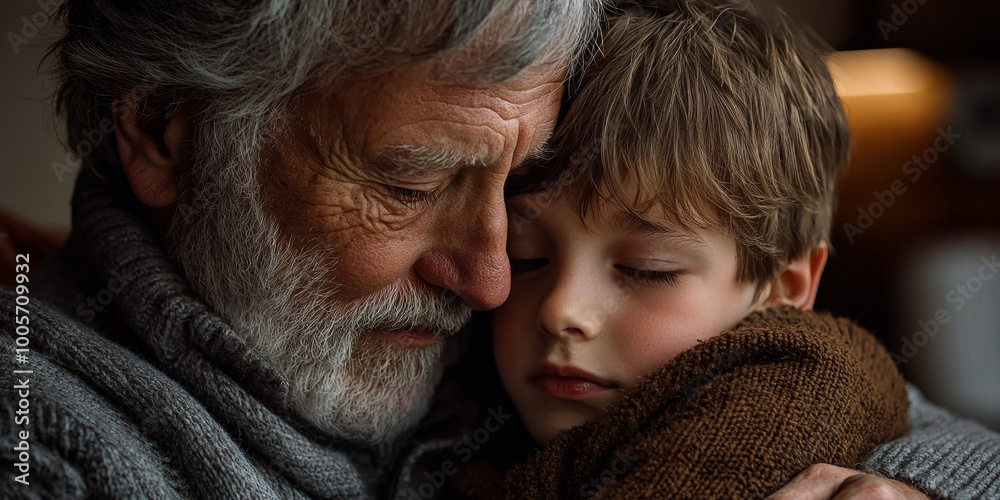 A close up of an elderly man with gray hair and beard, hugging his young son, generative AI A close up of an elderly man with gray hair and beard, hugging his young son, generative AI