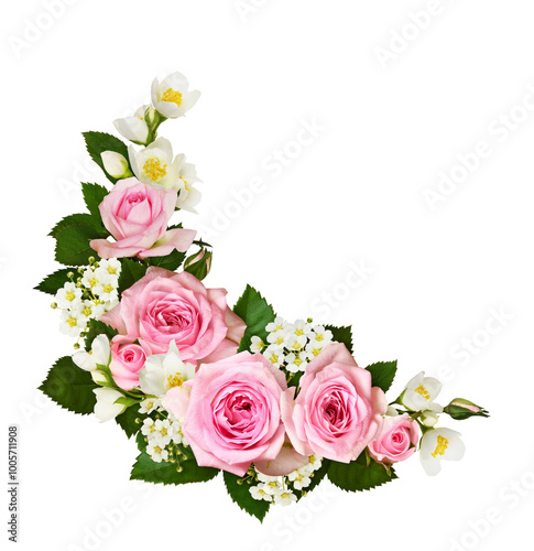 Pink roses, jasmine and spirea flowers in a corner arrangement isolated on white or transparent background