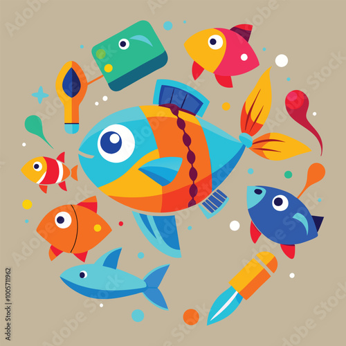 Colorful  fishing vector element set.