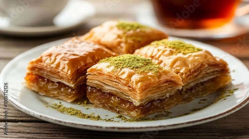 Turkish tea and sweet baklava on a dish.