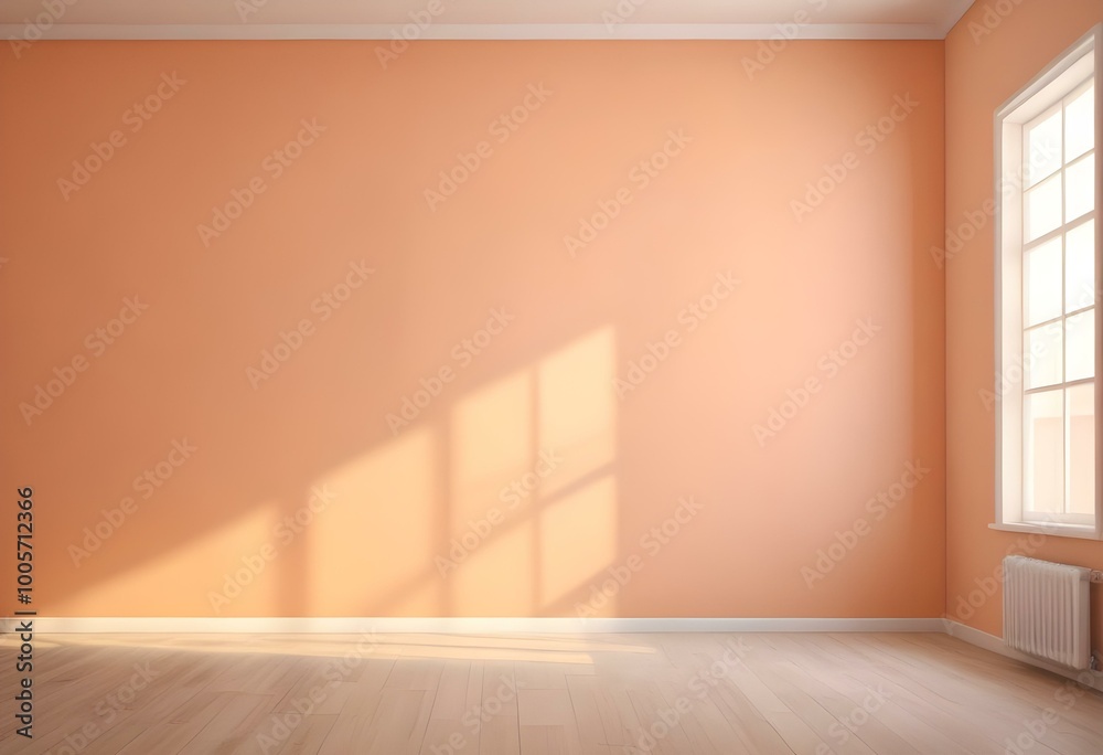 Empty room with peach-colored walls and a wooden floor. Empty room with peach-colored walls and a wooden floor.