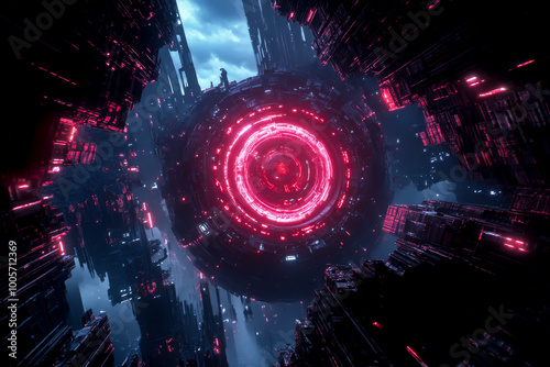 A futuristic cityscape with a large red circle in the center. The image has a futuristic and mysterious vibe, with the red circle drawing the viewer's attention