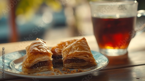 Turkish tea and sweet baklava on a dish.