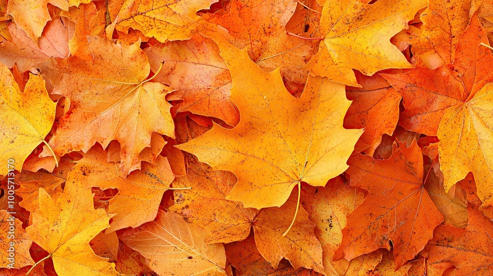 Fototapeta premium A close-up shot of a pile of vibrant orange and yellow maple leaves in autumn.