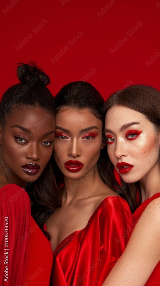 Obraz premium Three women in red dresses pose for a photo
