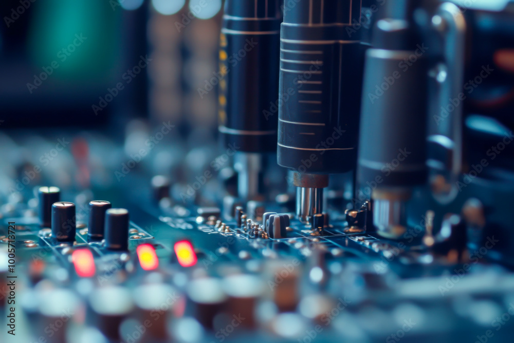 A close up of electronic equipment with a blue background. The equipment is made up of many small parts, including a few black plugs. Concept of complexity and technicality A close up of electronic equipment with a blue background. The equipment is made up of many small parts, including a few black plugs. Concept of complexity and technicality