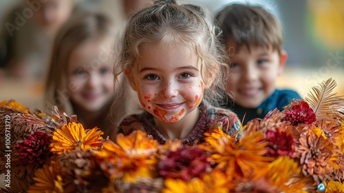 A joyful child with paint on her face poses among vibrant autumn flowers, surrounded by friends.