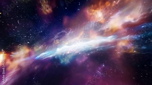 Endless float through a galaxy with cosmic clouds and celestial bodies photo