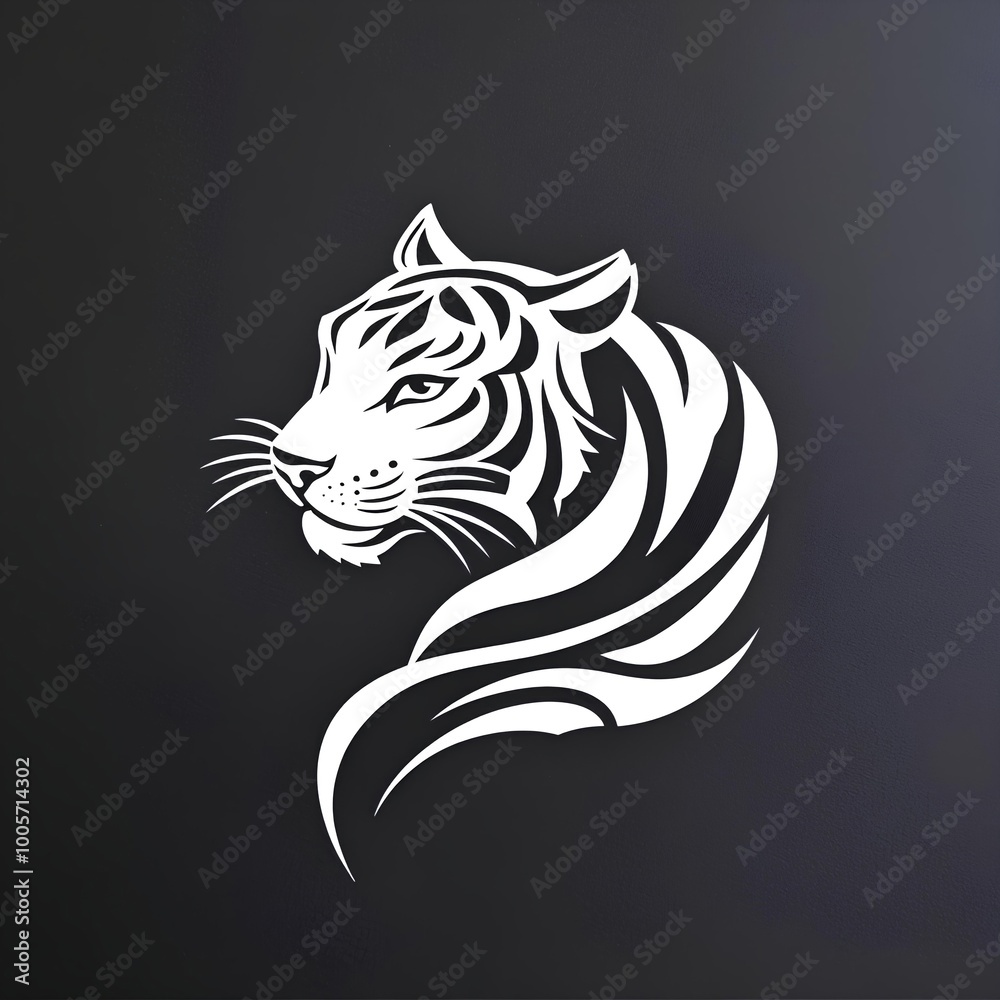 Stylized black and white tiger illustration with bold, flowing lines, representing strength, power, and elegance in a minimalist design, perfect for modern artistic or branding purposes
