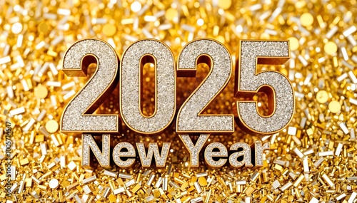 A golden 2025 New Year text on a glittery golden surface
