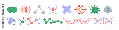 Science elements set. Scientific particles and molecular structures, atoms, molecules and DNA strands. Chemistry, physics and biology models. Flat vector illustrations isolated on white background