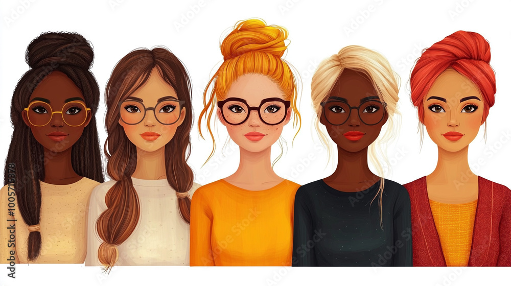 A diverse group of five stylish women showcasing unique hairstyles and glasses, representing beauty and individuality. A diverse group of five stylish women showcasing unique hairstyles and glasses, representing beauty and individuality.
