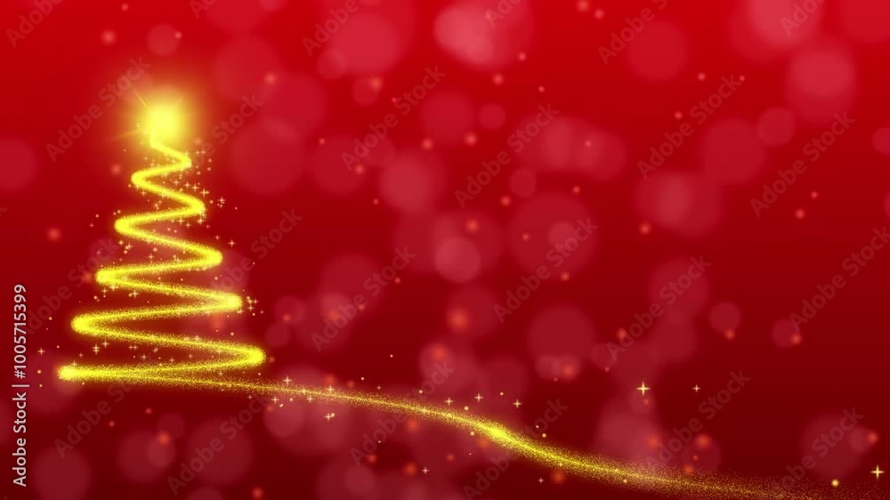 Christmas tree with sparkling golden lights on red background. Merry Christmas, greeting. Christmas tree with sparkling golden lights on red background. Merry Christmas, greeting.