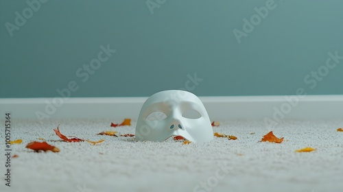 Masquerade Mask on the Floor Signifying Hidden Identities and Deception photo