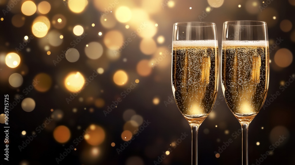 Two champagne glasses set against a festive bokeh backdrop. Happy New Year's Eve and Merry Christmas. Two champagne glasses set against a festive bokeh backdrop. Happy New Year's Eve and Merry Christmas.