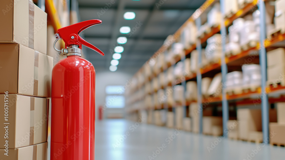 red fire extinguisher stands prominently in warehouse, surrounded by neatly stacked cardboard boxes, ensuring safety in this organized storage space red fire extinguisher stands prominently in warehouse, surrounded by neatly stacked cardboard boxes, ensuring safety in this organized storage space