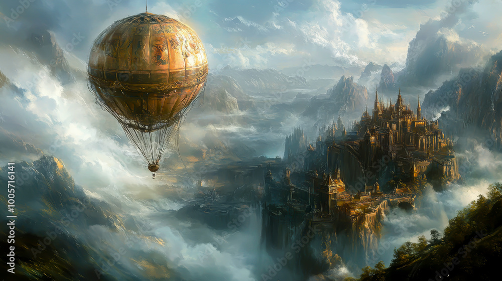 Obraz premium A painting of a castle with a large hot air balloon flying over it. The sky is cloudy and the castle is surrounded by mountains. The mood of the painting is whimsical and adventurous