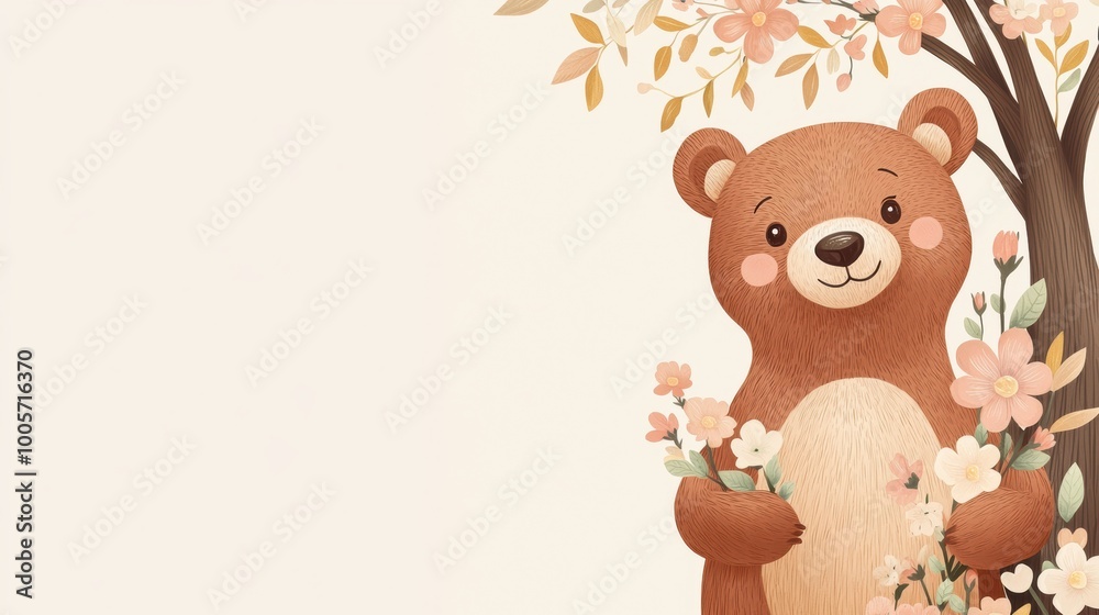 Cute bear with flowers in a whimsical illustration. Cute bear with flowers in a whimsical illustration.