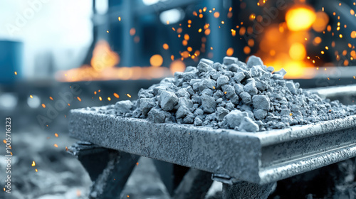 Industrial cement hardening process with rapid set materials, showcasing pile of gravel and sparks in dynamic environment. scene captures essence of construction and manufacturing photo