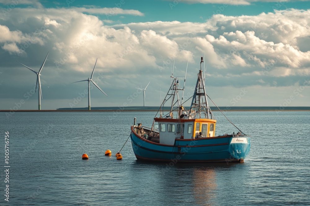 A colorful fishing boat floats serenely on calm waters. Wind turbines stand tall in the distance under a vibrant sky. This scene captures harmony and sustainability. Generative AI A colorful fishing boat floats serenely on calm waters. Wind turbines stand tall in the distance under a vibrant sky. This scene captures harmony and sustainability. Generative AI