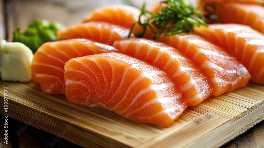 Fresh Salmon Slices on Wooden Board with Garnish Fresh Salmon Slices on Wooden Board with Garnish