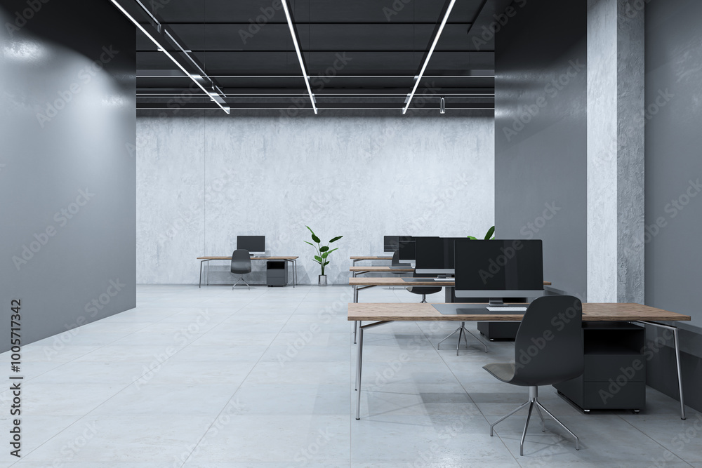 Bright coworking office interior with furniture and mock up place on wall. 3D Rendering. Bright coworking office interior with furniture and mock up place on wall. 3D Rendering.
