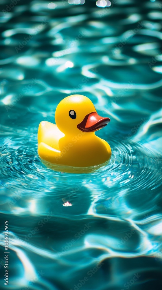Yellow rubber duck floating on turquoise water, playful bath time concept