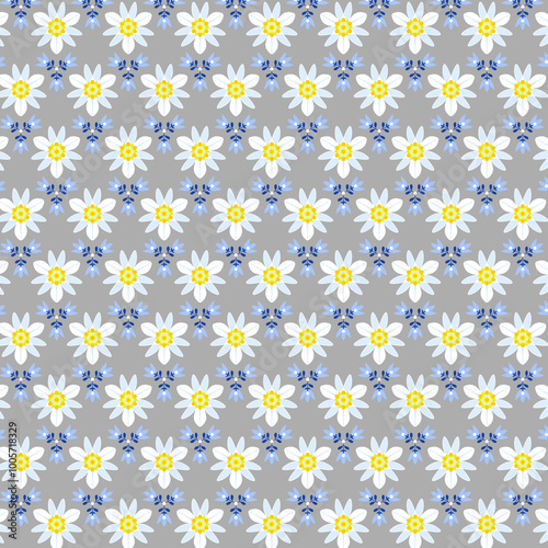 White yellow daisies and blue bells on a light gray silver background Small flower background Tiny floral fabric, wallpaper