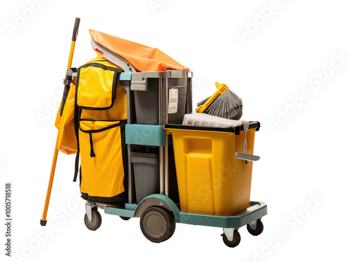 a cleaning cart with mop and buckets