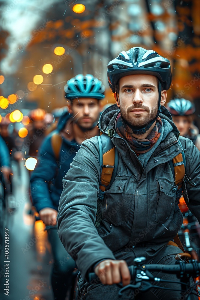 Businessman in suit and helmet rides bicycle to work, symbolizing healthy living and sustainability Businessman in suit and helmet rides bicycle to work, symbolizing healthy living and sustainability